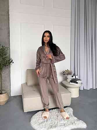 Женский стильный домашний велюровый комплект тройка Капучино Одесса