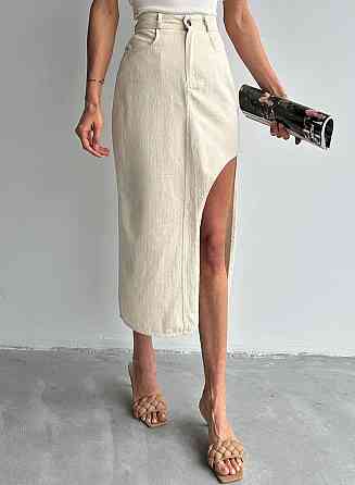 Женская трендовая юбка-миди с разрезом по ножке из натуральной ткани 100% лен 44 Одесса