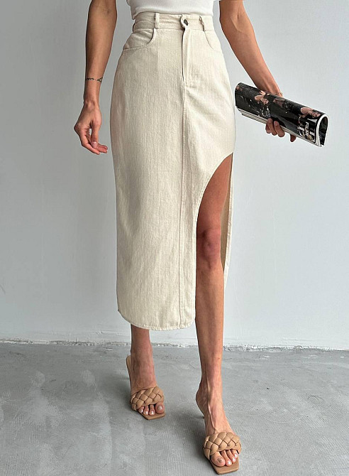 Женская трендовая юбка-миди с разрезом по ножке из натуральной ткани 100% лен 44 Одесса - изображение 1