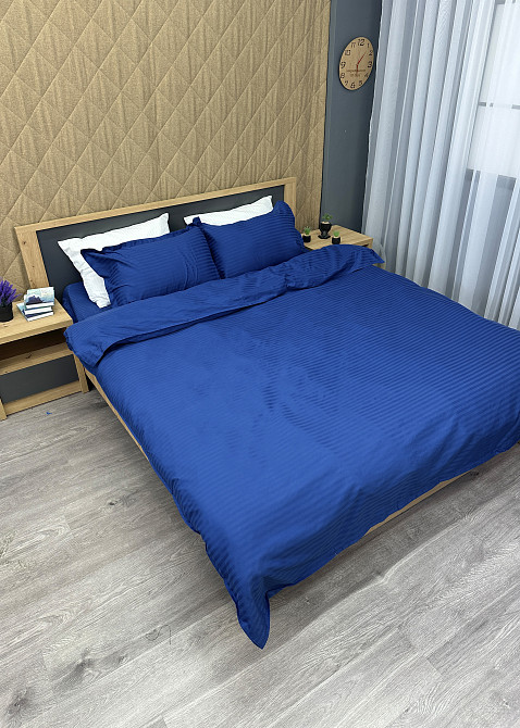 Комплект постельного белья Страйп-сатин Евро 200х230 с простыней на резинке Синий (88-091) Киев - изображение 4