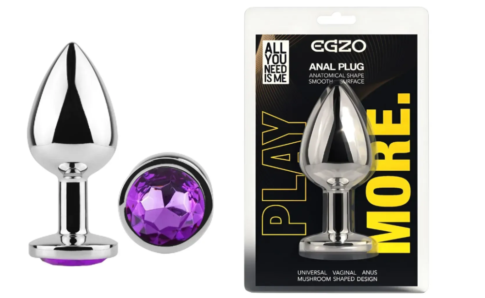Анальна пробка із кристалом EGZO - Silver Round Plug Purple size M Sex Aura Київ - фото 1