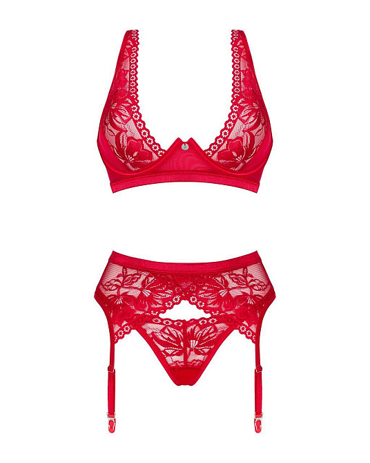 Комплект білизни Obsessive Lacelove cupless 3-pcs set XL/2XL Red, бюстгальтер, стрінги, пояс для пан Sex Aura Київ - фото 3