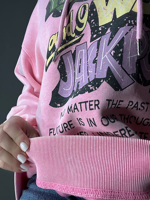Худи женский A-N 25040 удлиненный оверсайз с капюшоном вареный дай цветная надпись впереди one size, розовый, one size Киев - изображение 14