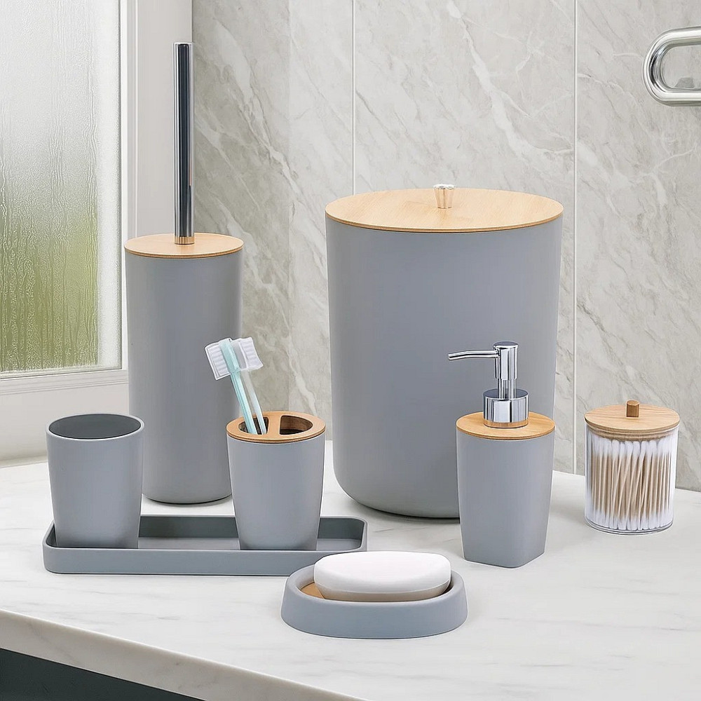 Набор аксессуаров для ванной комнаты и душа 8в1, урна,дозатор для мыла, мыльница, стаканы и аксессуары,серый Каменец-Подольский - изображение 1