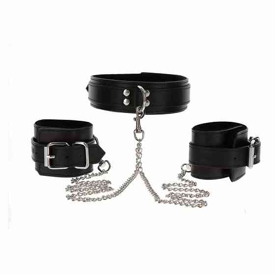 Широкий нашийник з наручниками та ланцюгом Taboom Luxury Bondage Essentials, чорний Sex Aura Київ