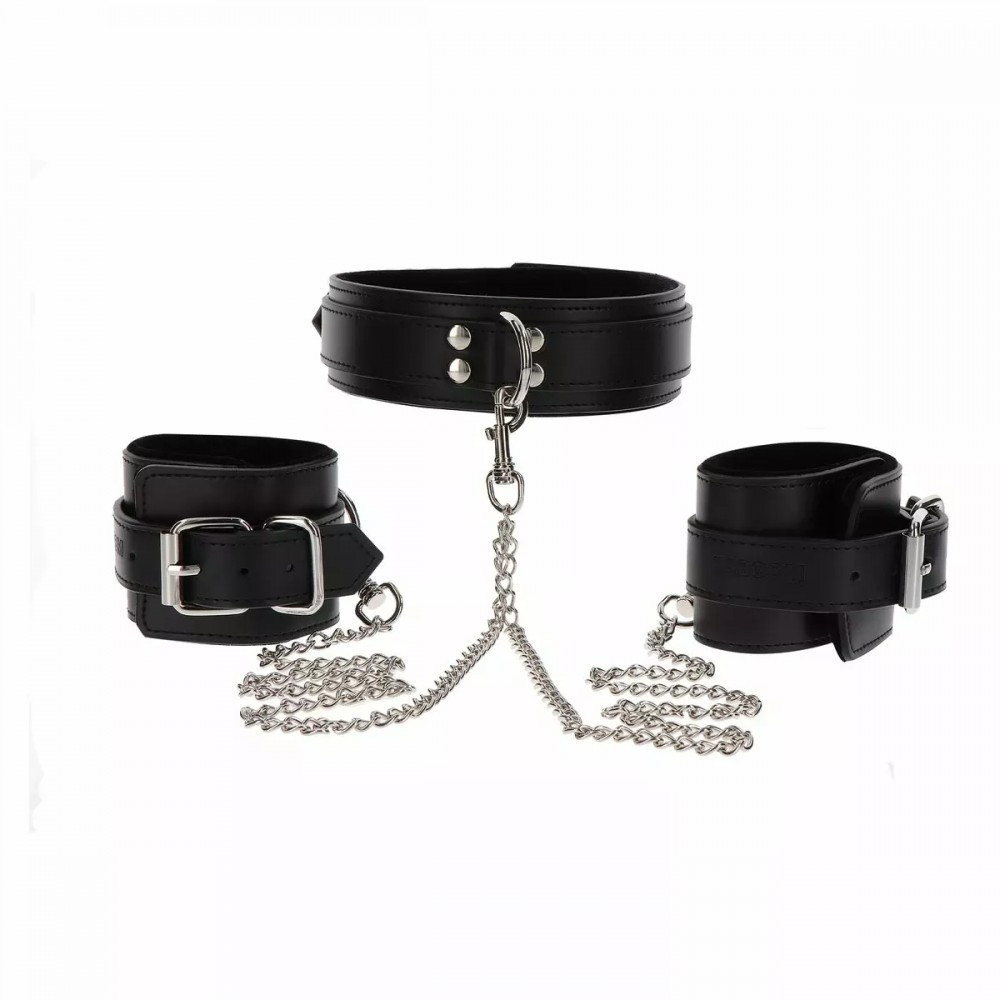 Широкий нашийник з наручниками та ланцюгом Taboom Luxury Bondage Essentials, чорний Sex Aura Київ - фото 4
