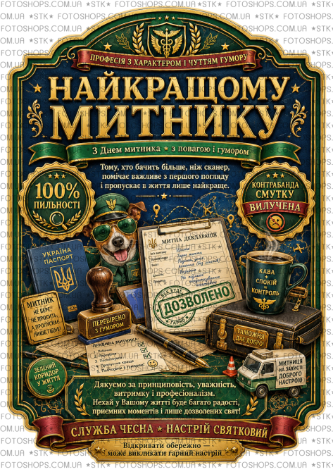 Етикетка на пляшку “Найкращому митнику” + контретикетка | подарункова наліпка на вино, віскі | З Днем митника Одеса - фото 1