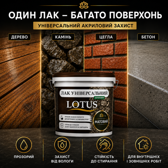Лак універсальний акриловий LOTUS прозорий матовий без запаху зносостійкий для дерева, каменю, бетону та інших поверхонь 3 л Харків