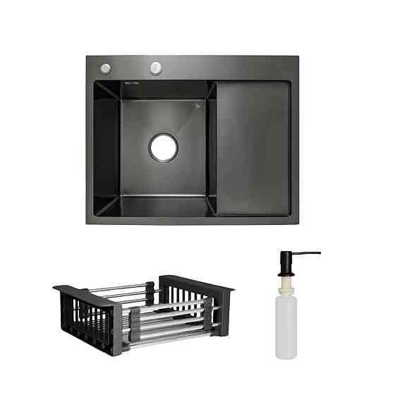 Комплект Lidz Handmade H6350BR Мийка для кухні інтегрована крило праворуч BlackPVD у комплекті з дозатором + Lidz K01B Кошик Київ