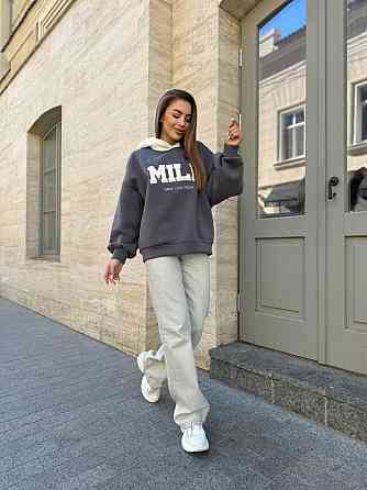 Женский стильный теплый свитшот тринитка на флисе (очень качественная)+трикотаж «Баранчик» Графит, 42/44 Одесса