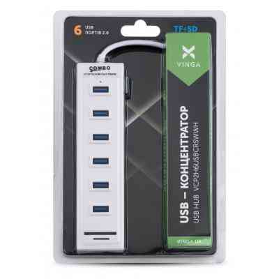 Концентратор Vinga 6xUSB2.0 + card-reader with switch 0.8m (VCP2H6USBCRSWWH) Вінниця