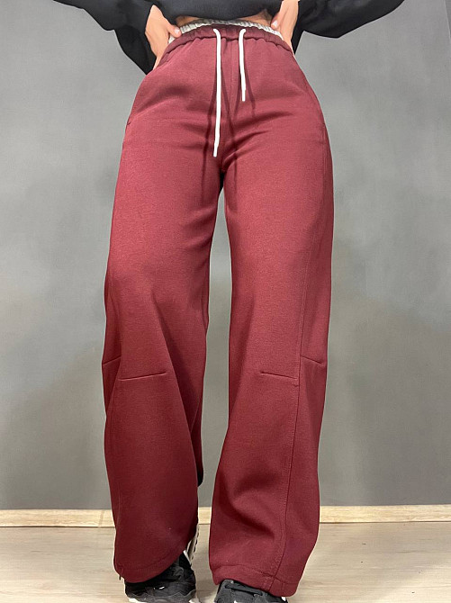 Штаны женские A-N 25061 спортивные широкие Baggy с карманами и шнурком трикотажные бордовые, бордовый, L Киев - изображение 1