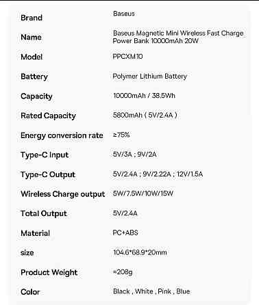BASEUS повербанк безпроводной 10000mah 20w Киев
