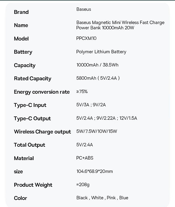 BASEUS повербанк безпроводной 10000mah 20w Киев - изображение 6