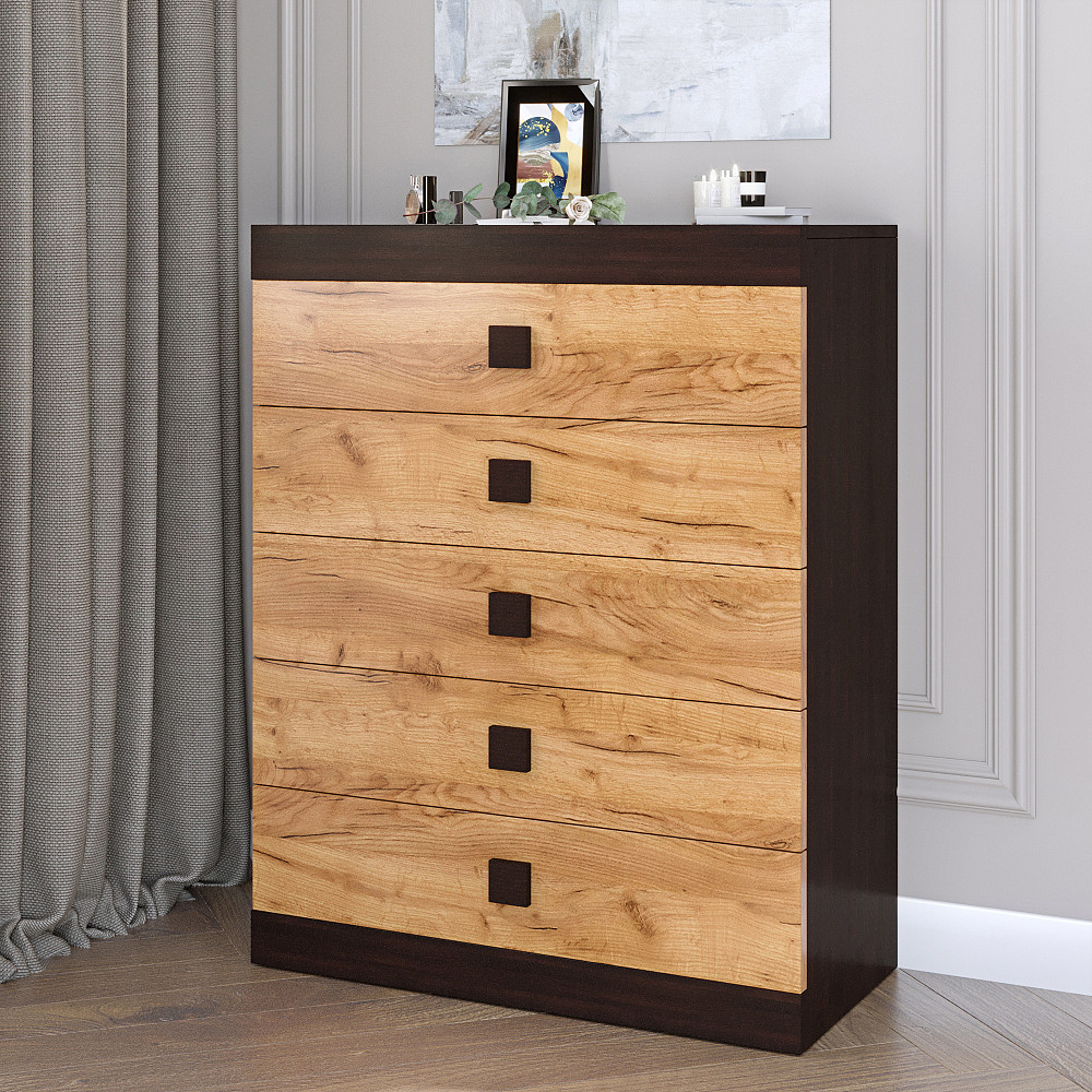 Високий комод Еверест на 5 ящиків Соната-2 80х38х101 венге темний + дуб крафт золотий (DTM-2020) Львів - фото 1