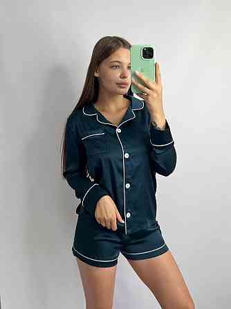 Комплект шелковый тройка рубашка с шортами и штанами Темно-изумрудный XL Харьков