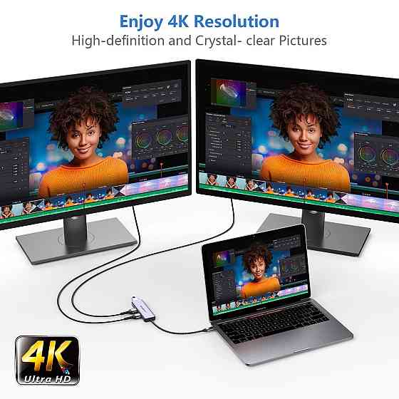 Адаптер Newmight 4в1 USB-C хаб на два HDMI 4K@30Hz с зарядкой PD 100W USB-A для двух мониторов для M Киев