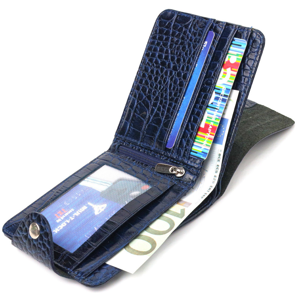 Стильне портмоне для чоловіків у два складення з натуральної фактурної шкіри з тисненням під крокодила CANPELLINI 21577 Синє Київ - фото 5