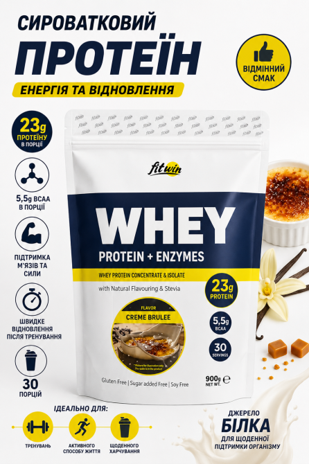 Сироватковий протеїн FitWin Whey Protein + Enzymes 900 г Крем-брюле Київ - фото 3