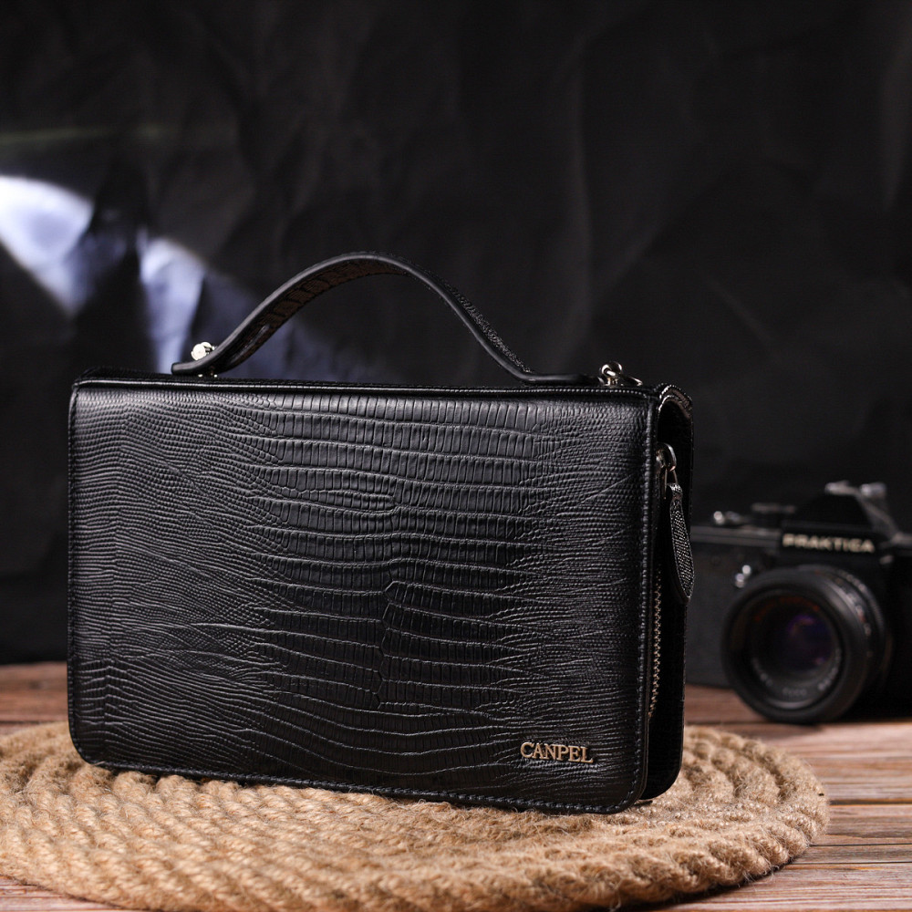 Необычная мужская барсетка на два отделения из натуральной фактурной кожи с тиснением под рептилию CANPELLINI 21571 Черная Киев - изображение 10