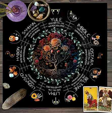 Вівтарна скатертина для Таро та рун "Колесо року" | Скатертина для гадання 50*50 см | Малюнок Древо життя та Колесо року Київ
