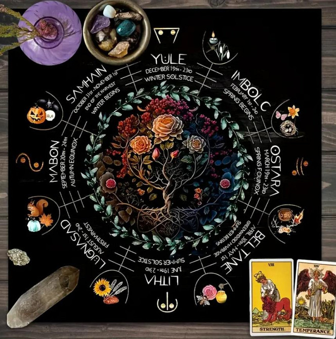 Вівтарна скатертина для Таро та рун "Колесо року" | Скатертина для гадання 50*50 см | Малюнок Древо життя та Колесо року Київ - фото 3