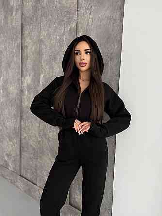 Женский теплый повседневный комбинезон с капюшоном трехнить на флисе Черный, 48/50 Одесса