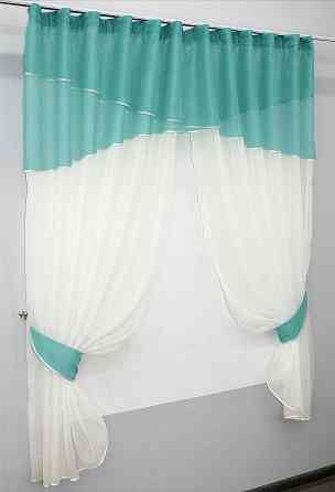 Кухонные шторы VR-Textil № 091к с ламбрекеном и подвязками бирюзовый с молочным 280х170 см (50-270) Киев