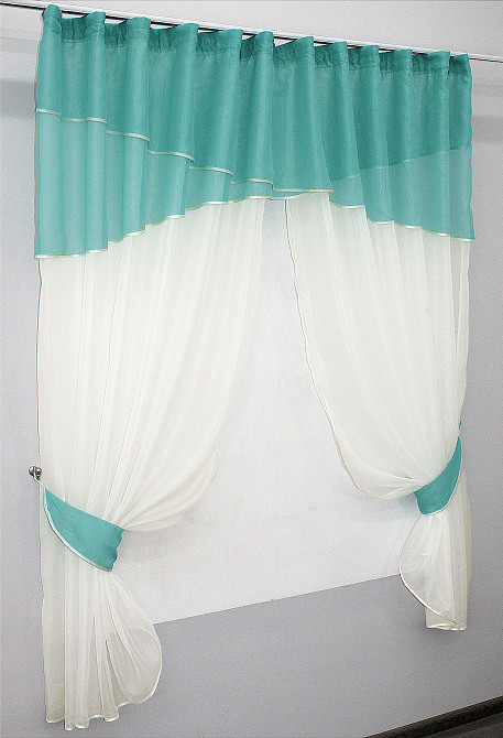 Кухонные шторы VR-Textil № 091к с ламбрекеном и подвязками бирюзовый с молочным 280х170 см (50-270) Киев - изображение 2