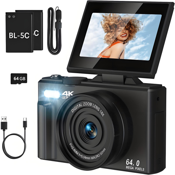 Цифрова камера WD08 5K 75 МП Wi-Fi, 3" поворотний екран 180°, автофокус, 18x Zoom, карта 64 ГБ, чорна Київ