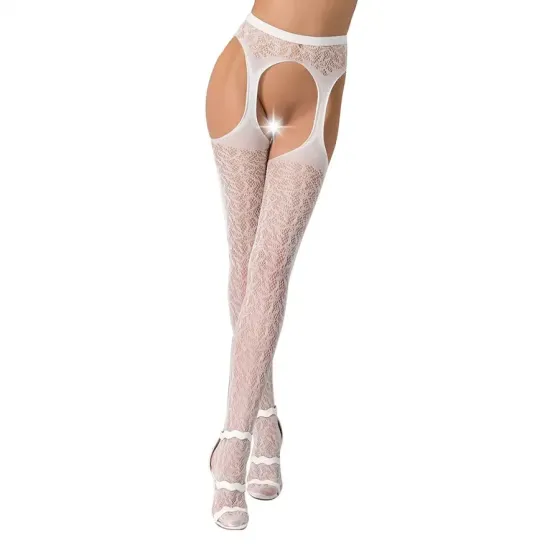 Мереживні колготки-бодістокінги Passion S014 One Size, White, імітація панчіх та пояса з гартерами Львів