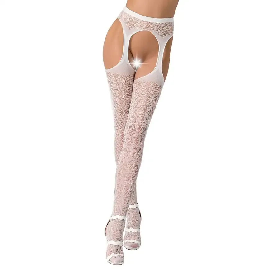Мереживні колготки-бодістокінги Passion S014 One Size, White, імітація панчіх та пояса з гартерами Львов - изображение 1