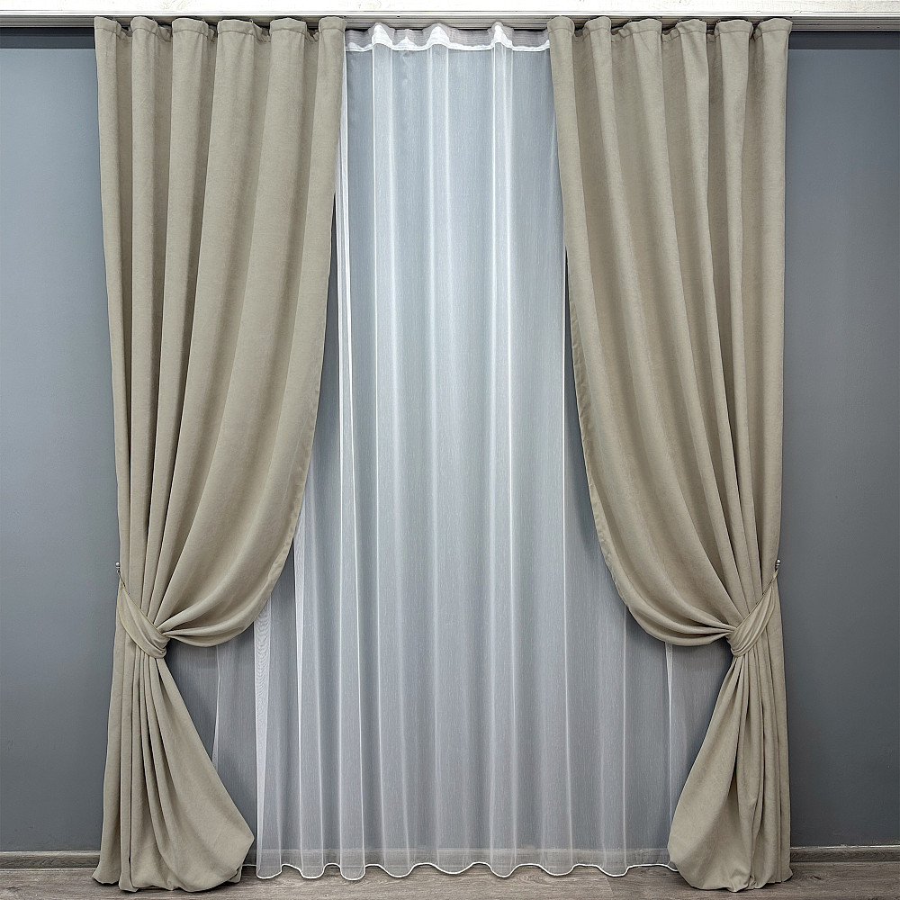 Комплект штор VR-Textil Мікровелюр Petek 200х270 2шт і Тюль 500х270 1488ш-1153т Бежевий з білим 71-057/6 Київ - фото 1