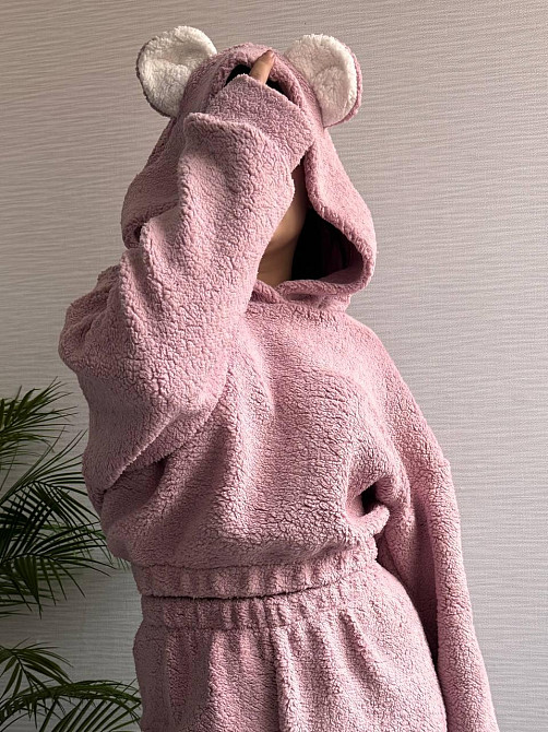 Жіноча стильна домашня плюшева піжама з вушками хутро тедді Пудра Одеса - фото 7