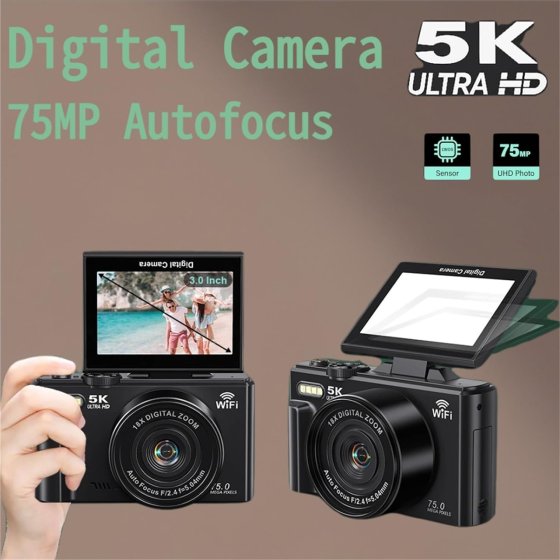 Цифрова камера WD08 5K 75 МП Wi-Fi, 3" поворотний екран 180°, автофокус, 18x Zoom, карта 64 ГБ, чорна Київ