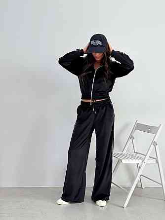 Женский повседневный велюровый костюм двойка: кофта и брюки Черный, 48/52 Одесса