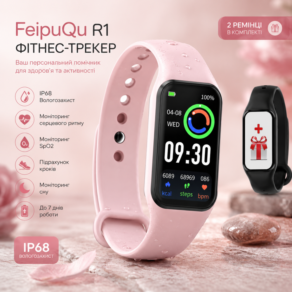 Смарт-годинник фітнес-трекер FeipuQu R1 Pink вологозахищений IP68 з моніторингом SpO2 та 2 ремінцями в комплекті Київ - фото 6