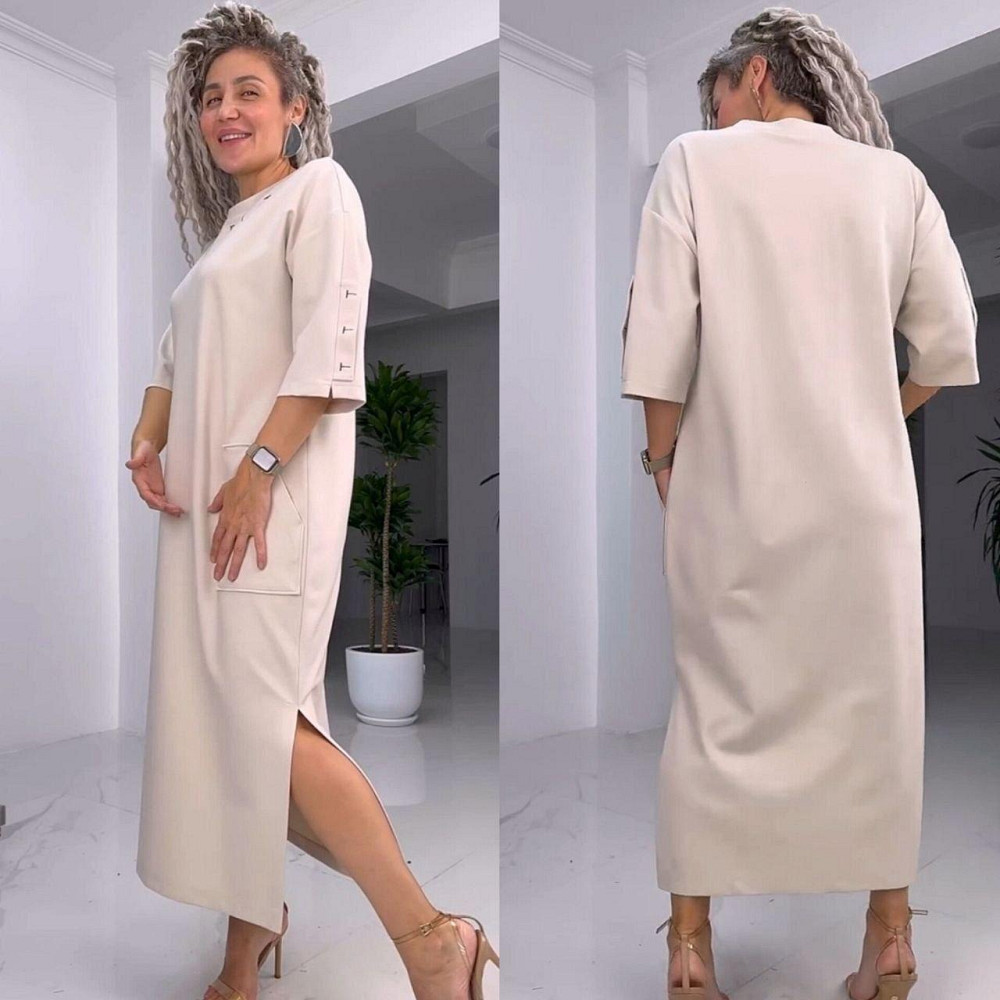 Женское стильное батальное платье трикотаж двунитка. Беж, 48/52 Одесса - изображение 1