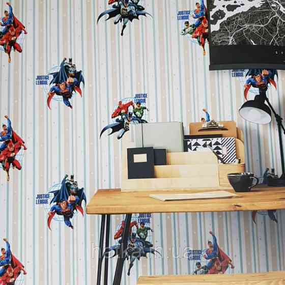 Метрові вінілові шпалери на флізеліні AdaWall Ada Kids дитячі супермен смуги зірки бежеві блакитні Київ