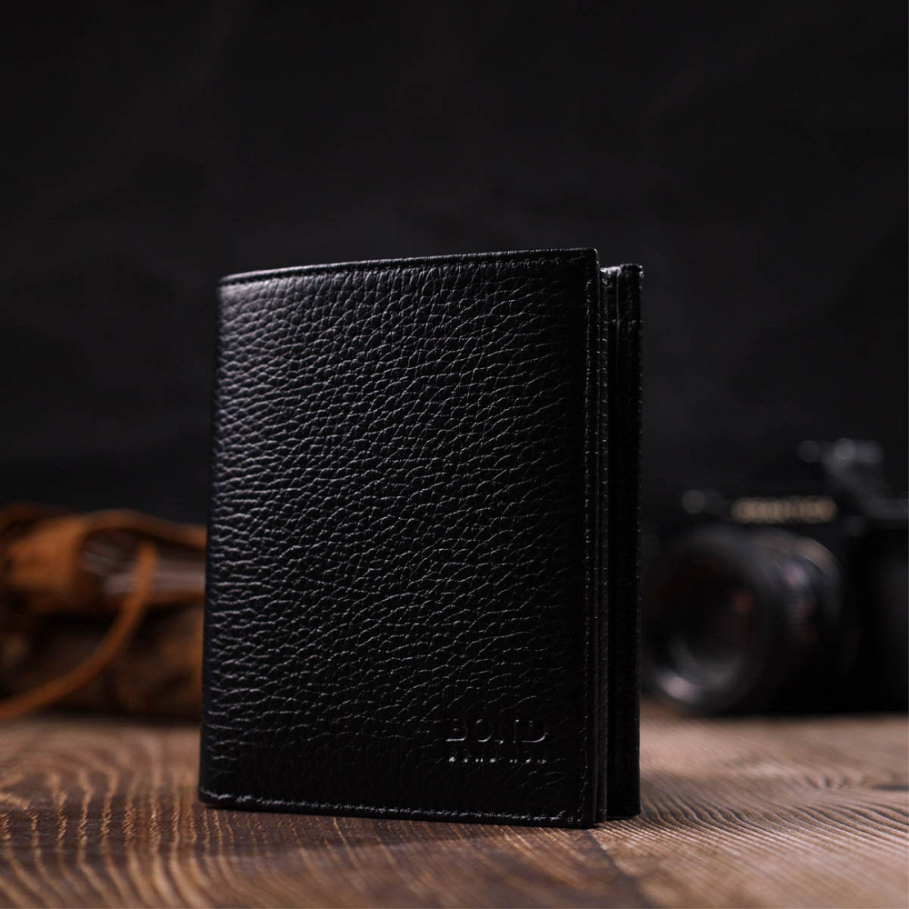 Небольшой мужской бумажник из натуральной зернистой кожи без застежки BOND 21988 Черный Киев - изображение 3