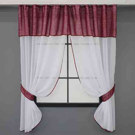 Кухонный комплект VR-Textil № 084к шторки с ламбрекеном бордовый с белым 270х170 см (50-754) Киев