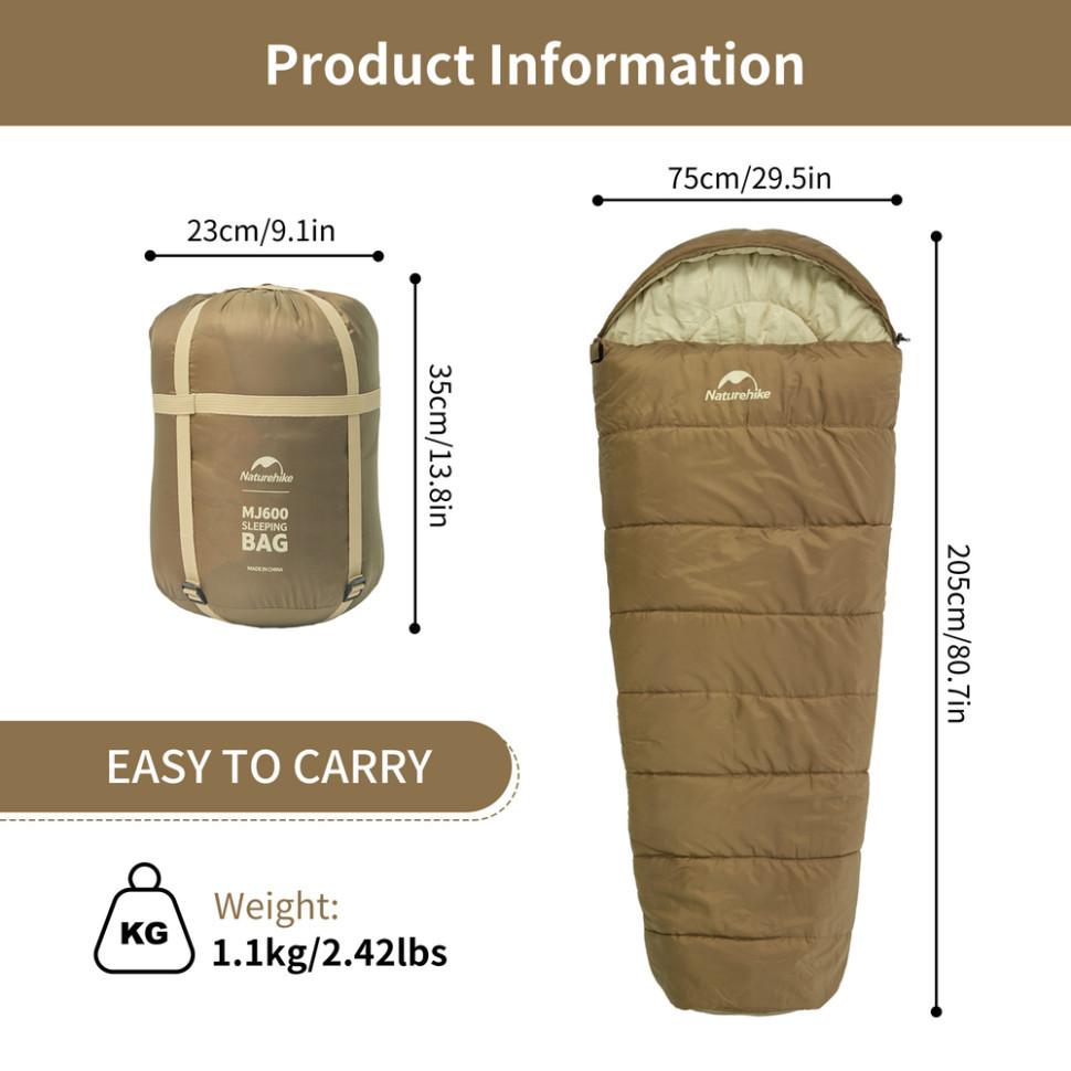 Спальник з капюшоном Naturehike MJ600 CNK2300SD014, коричневий Киев - изображение 2