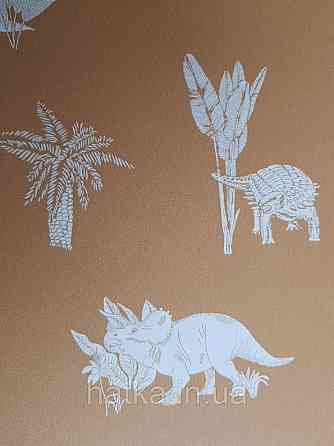 Обои флизелиновые детские  Caselio Our Planet животные динозавры пальмы белые на горчично желтом фоне Киев