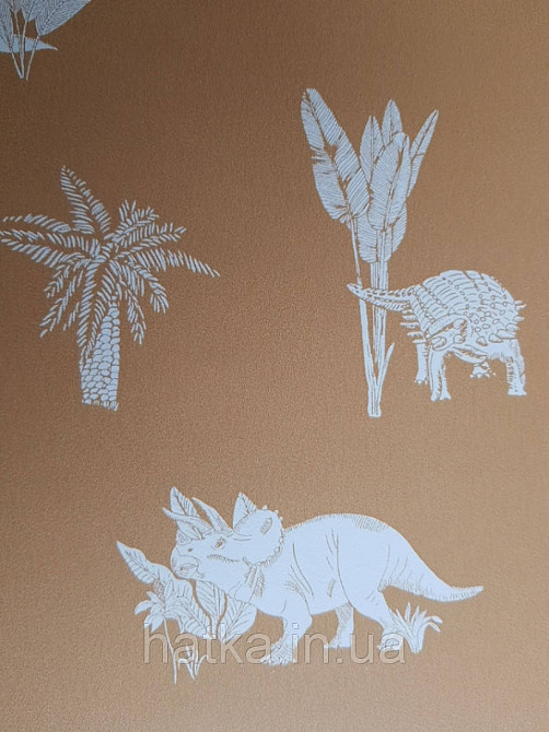 Шпалери флізелінові дитячі Caselio Our Planet тварини динозаври пальми білі на гірчично жовтому фоні Київ - фото 2