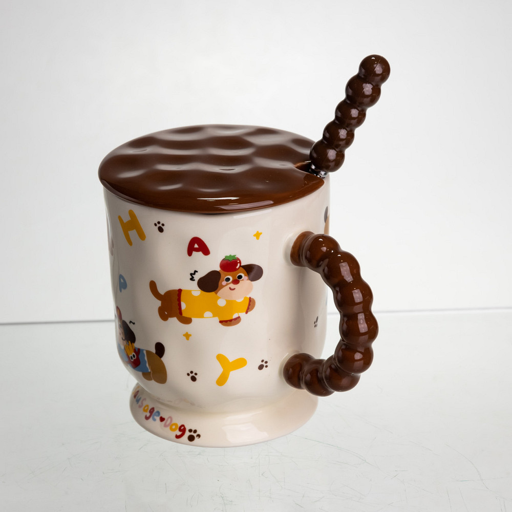 Новорічна порцелянова чашка "Весела Такса" з кришкою та ложкою 400 мл, Святкова кружка чашка для дітей на подарунок FM-17B Коломия - фото 4