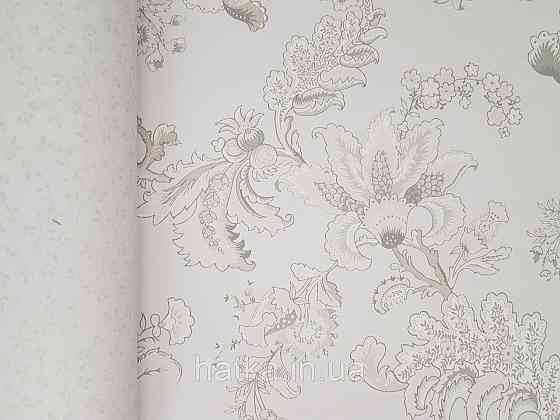 Шпалери флізелінові еко Rasch Sophia 0.53х10 рослинний принт квіти листя білі сірі рожеві на світло-сірому Київ