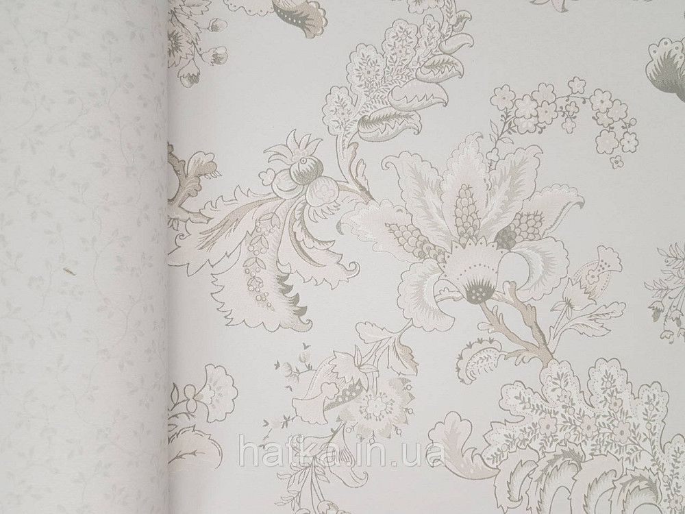 Шпалери флізелінові еко Rasch Sophia 0.53х10 рослинний принт квіти листя білі сірі рожеві на світло-сірому Київ - фото 2