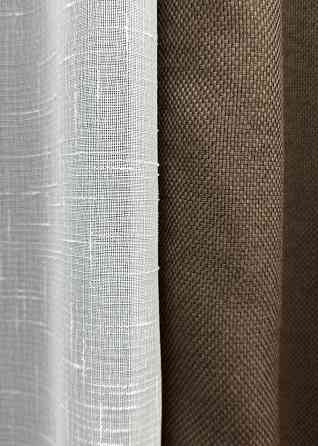 Комплект штор VR-Textil Лен Мешковина 150х270 2шт и Тюль 500х270 277ш-115т Коричневый с белым 71-015/4 Киев
