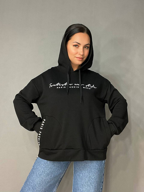 Худи женское Joggy 8072 оверсайз с капюшоном удлиненное с карманами и молнией черное, черный, XS Киев - изображение 9