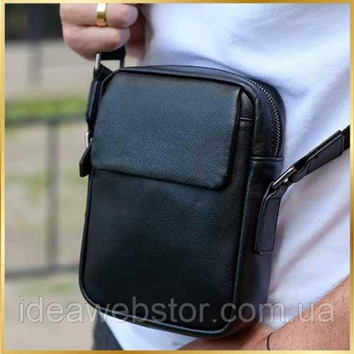 Чоловіча шкіряна барсетка через плече чорна месенджер із натуральної шкіри для телефона та документів 21х16х6 Київ - фото 1